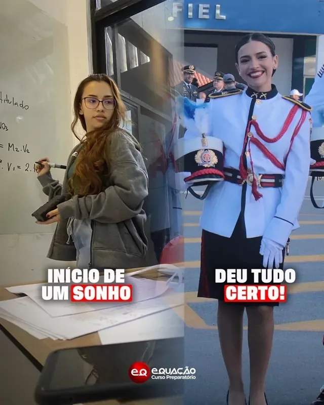 Aluna estudando e depois aprovada fardada
