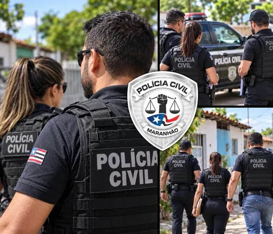 Montagem ilustrativa de três cenas de policiais civis, com o brasão da Polícia Civil do Maranhão ao centro